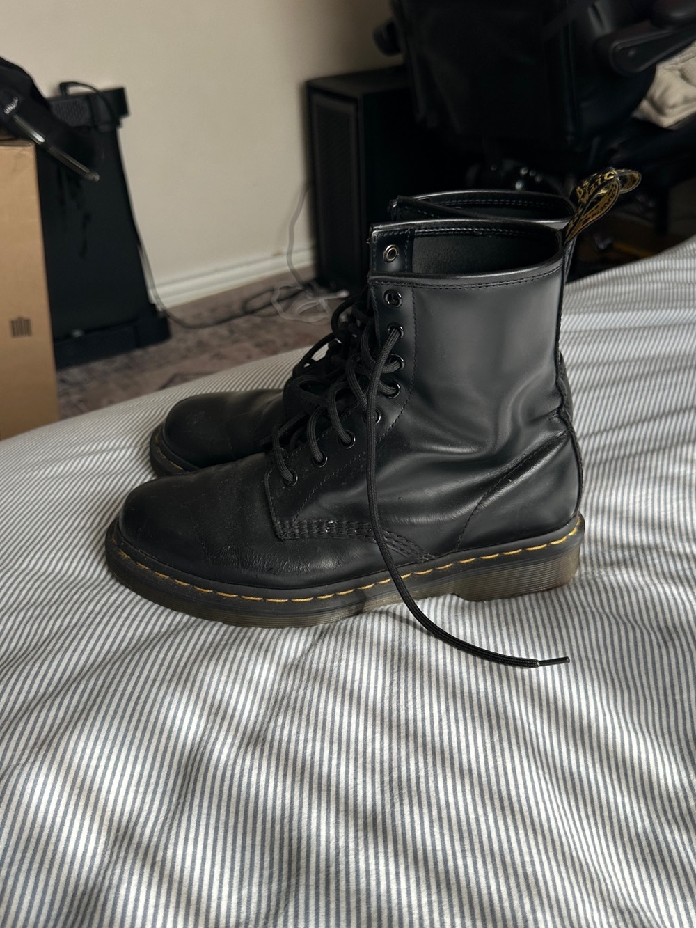 Dr. Martens Black Leather Lace-Up Combat Boots with Yellow Stitching